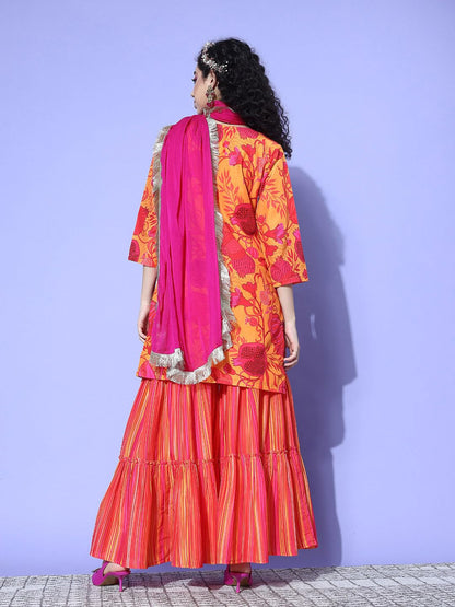 VARANGA Women Yellow Abstract Printed Straight Kurta Paired With Sharara And Dupatta