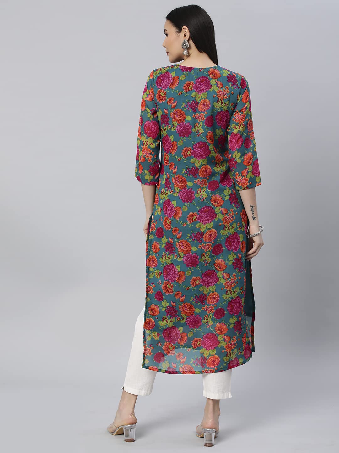 GoSriKi Women's Printed Georgette Straight Chikankari Embroidered Kurta