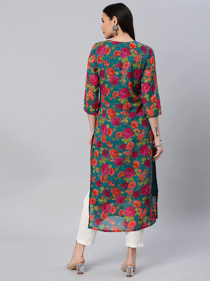 GoSriKi Women's Printed Georgette Straight Chikankari Embroidered Kurta