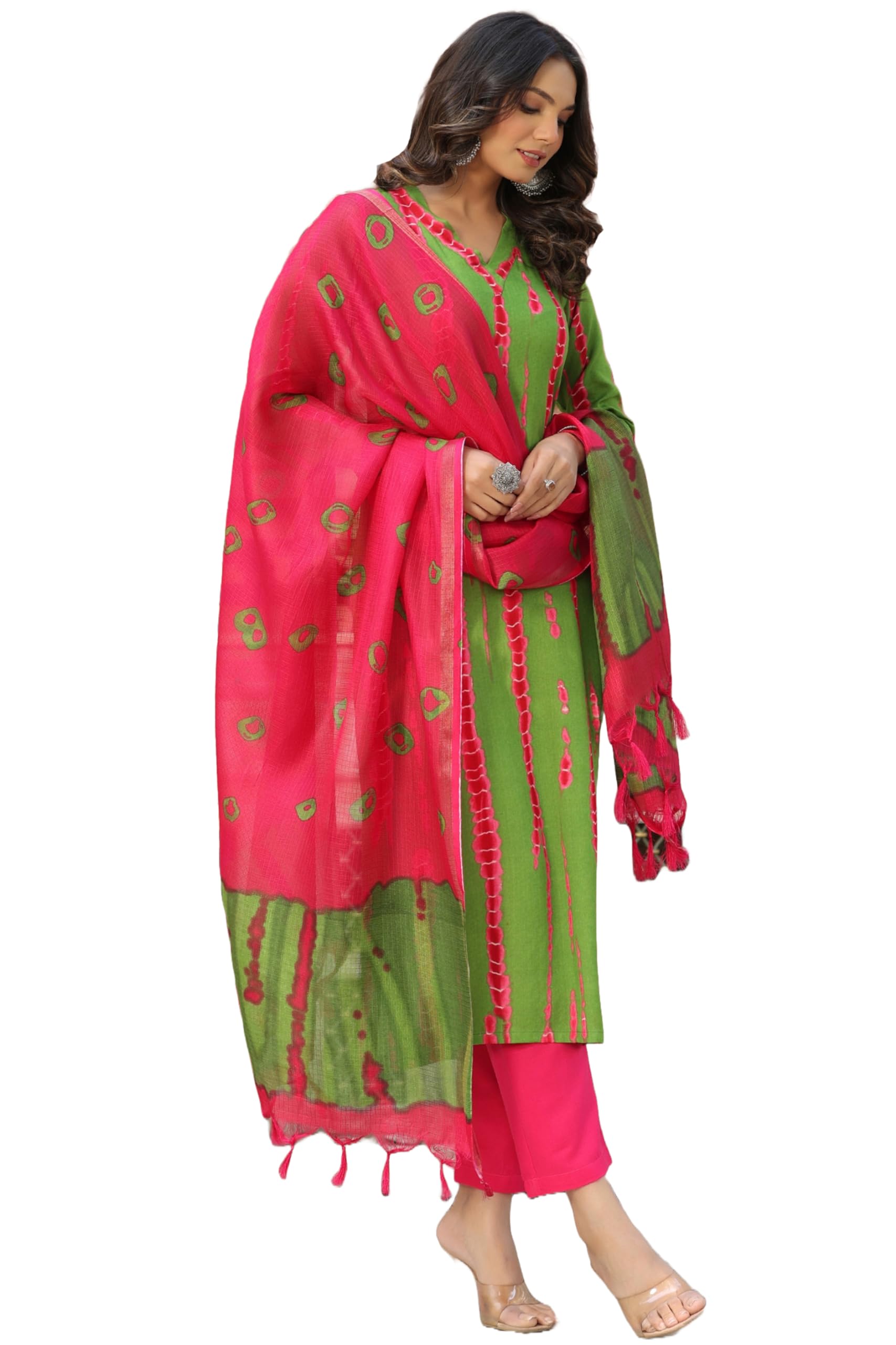ANNI DESIGNER Ladies Cotton Blend Kurta with Trousers and Dupatta, green, L