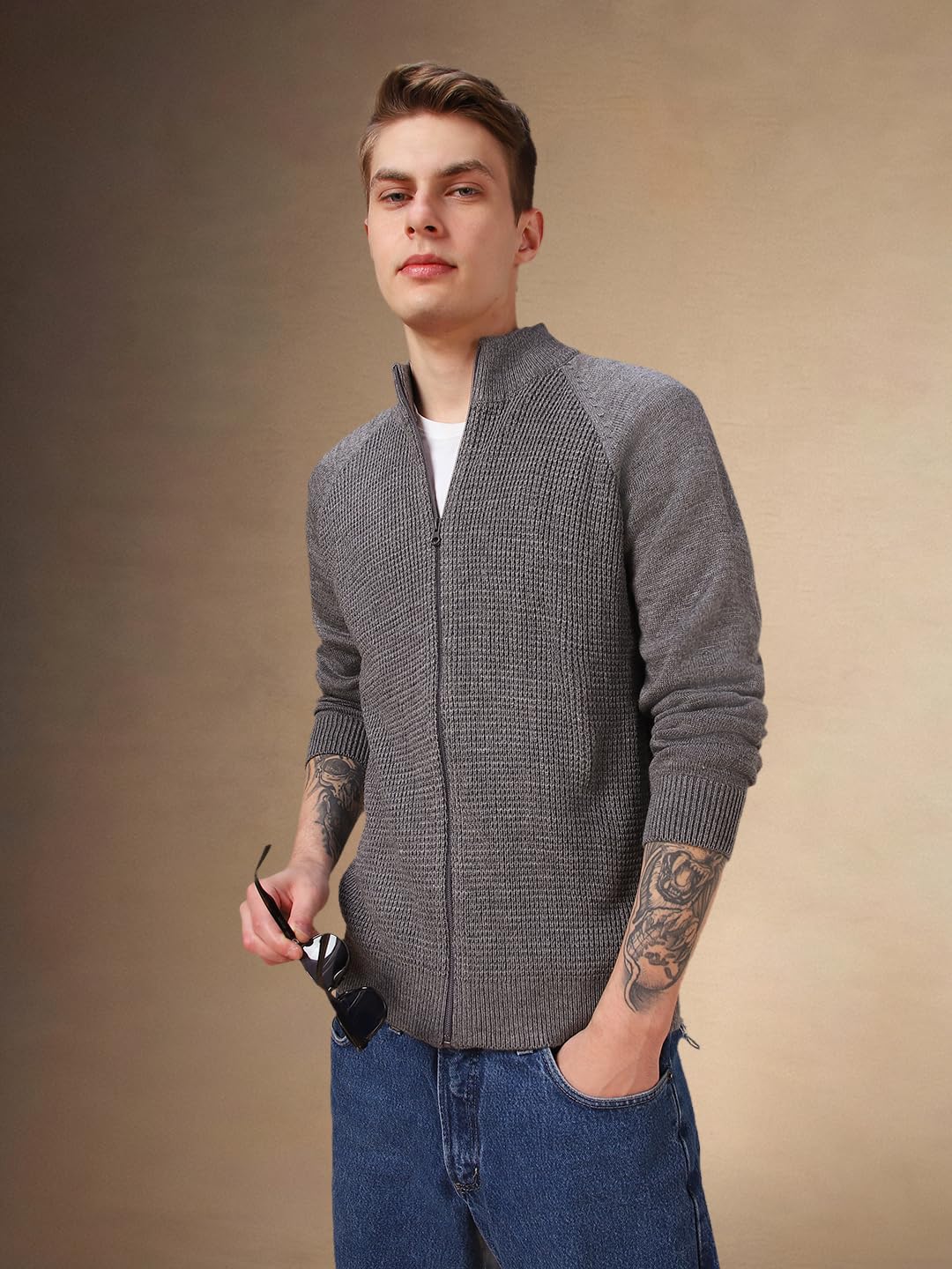 Dennis Lingo Men Grey Solid Acrylic Slim-Fit Full Sleeve Sweater