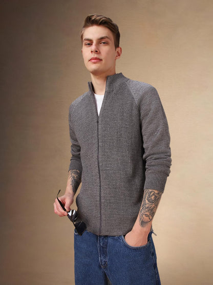 Dennis Lingo Men Grey Solid Acrylic Slim-Fit Full Sleeve Sweater