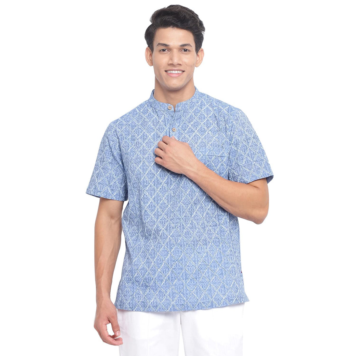 Fabindia Men Chinese Collar Mid Placket Shirt Cotton_S Blue
