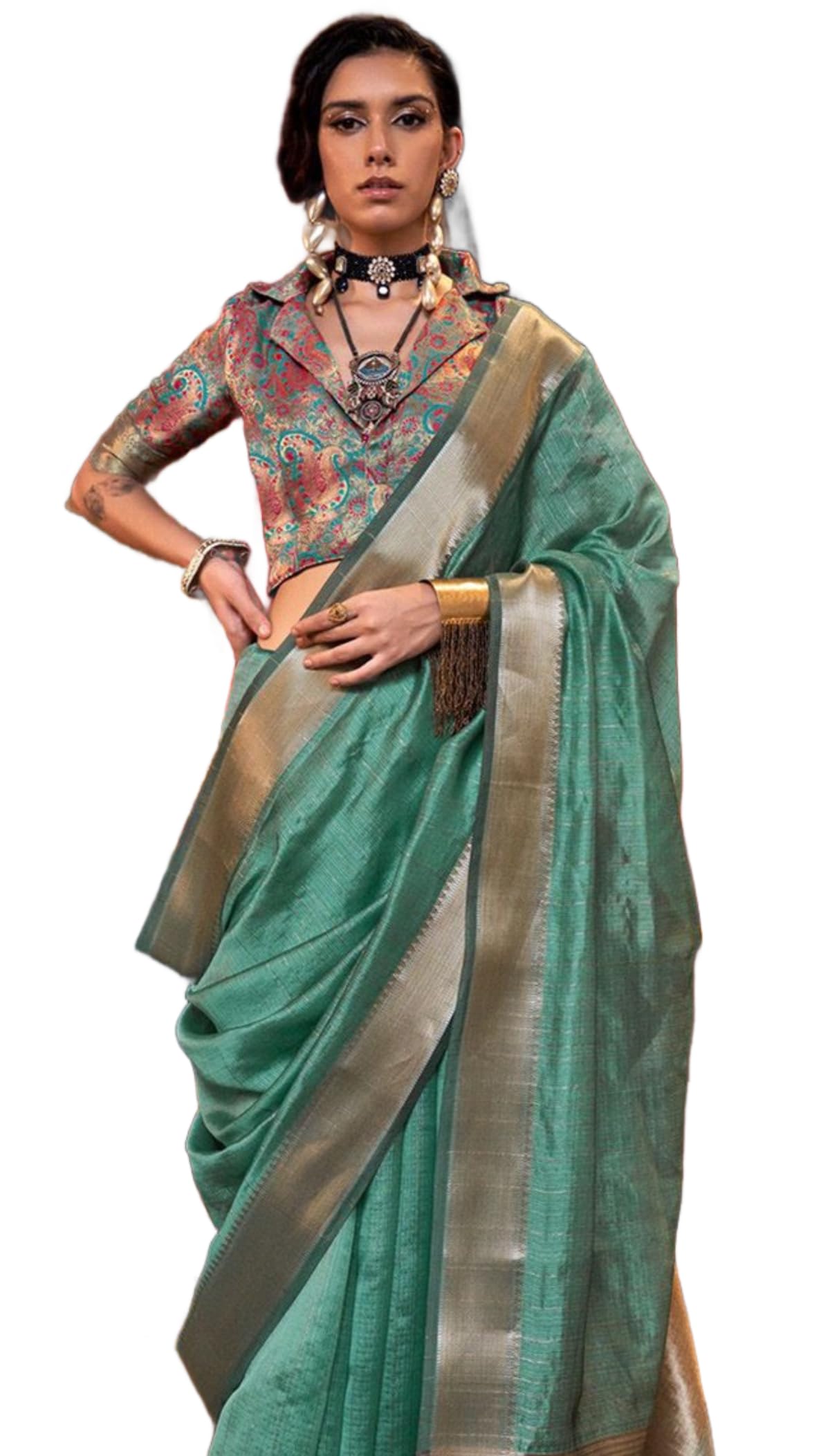 Madhuhansh Womens Soft Linen Saree With Unstitched Multicolor Paisley Blouse Piece Saree With Satin Border Comfortable Skin Frie