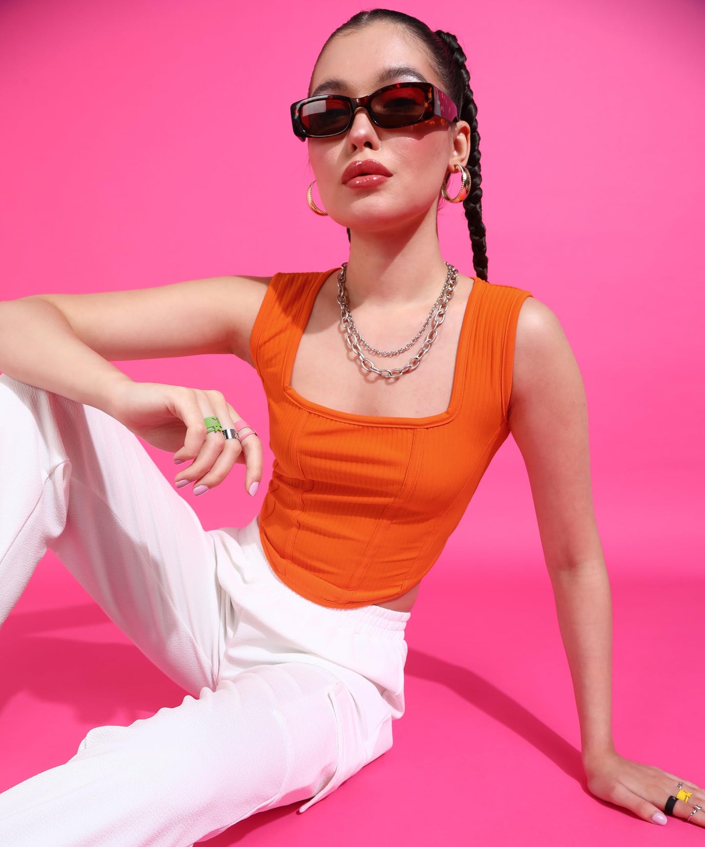 POPWINGS Women Casual Orange Corset Crop Top