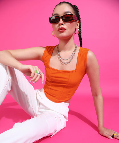 POPWINGS Women Casual Orange Corset Crop Top