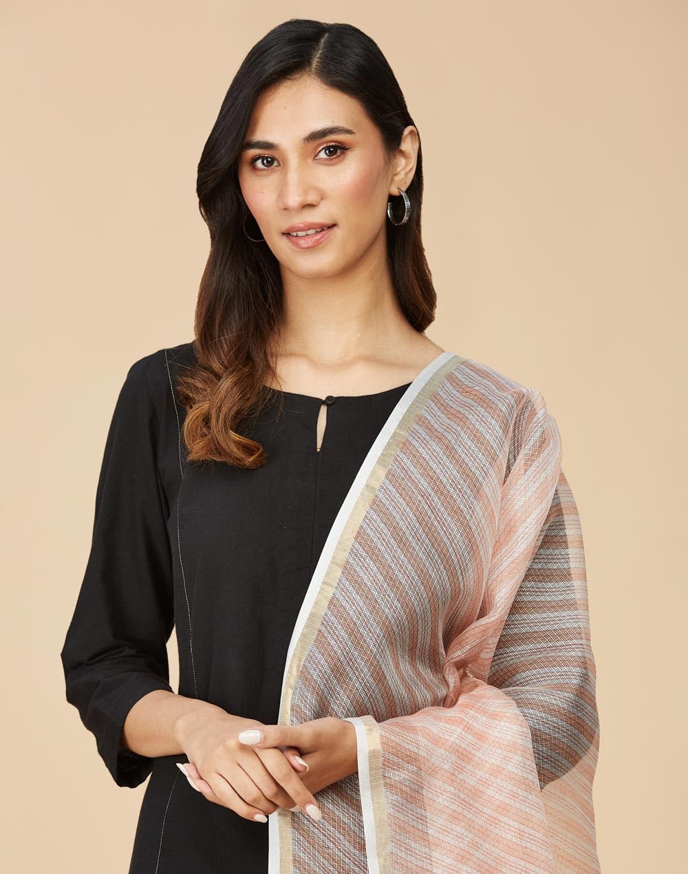 Fabindia Orange Silk Blend Hand Block Printed Dupatta | Free Size | Celebration | 1 Dupatta - 2111819PEACH