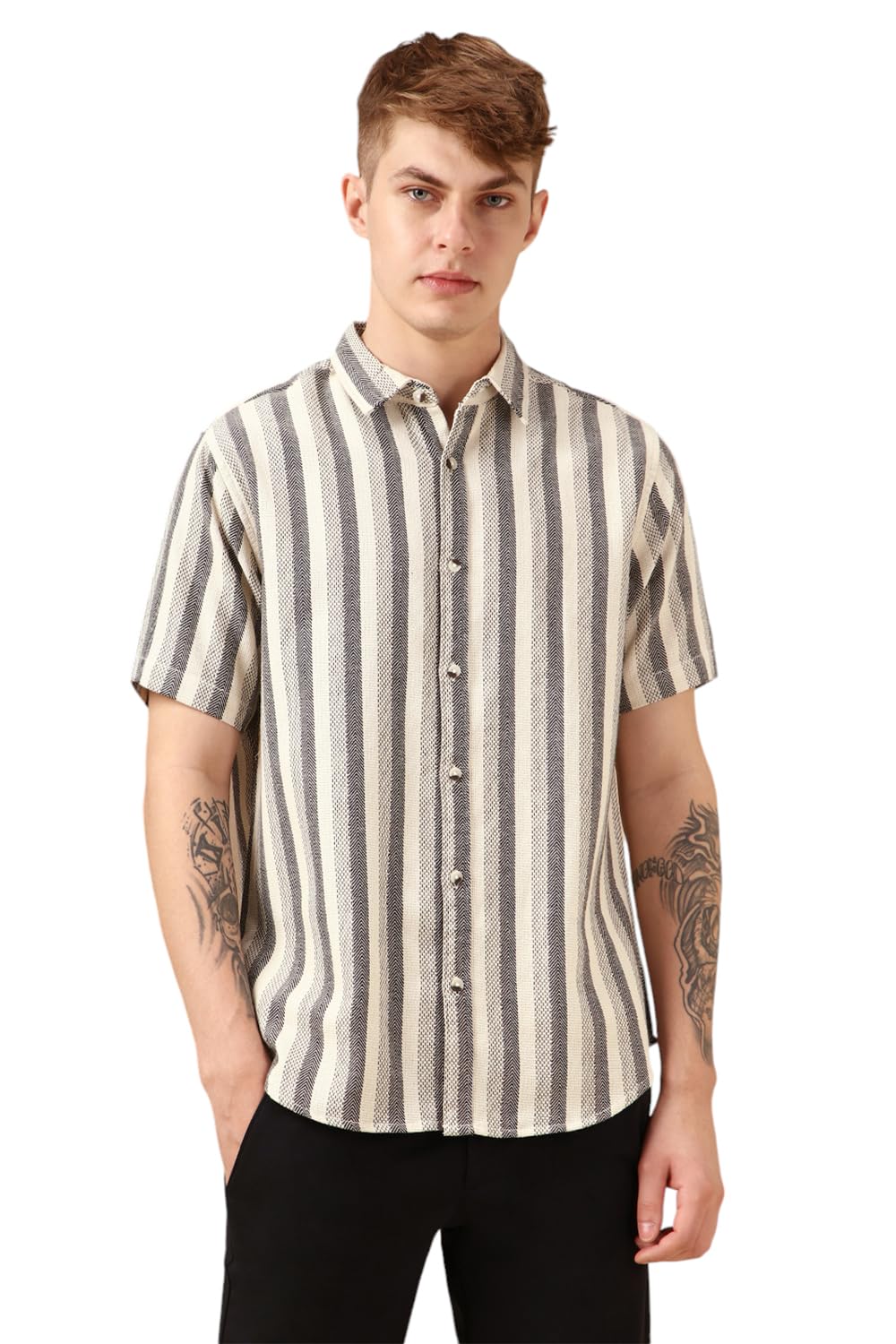 Dennis Lingo Men Cream Cotton Poly Waffle Half Sleeve Spread Collar Stripes Shirts