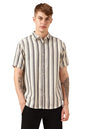 Dennis Lingo Men Cream Cotton Poly Waffle Half Sleeve Spread Collar Stripes Shirts