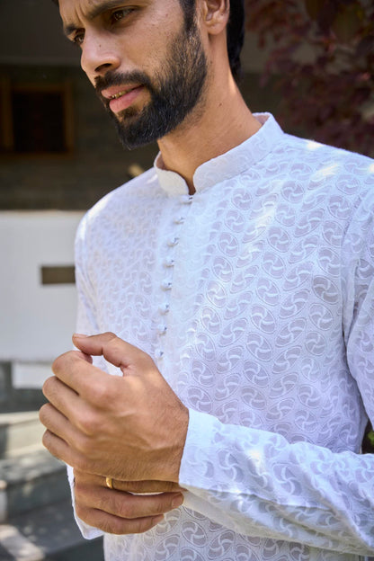 See Designs Mens Kurta - Specially Crafted And Designed For The Eid Festival White Cotton Regular Fit Embroidered Kurta Mandarin