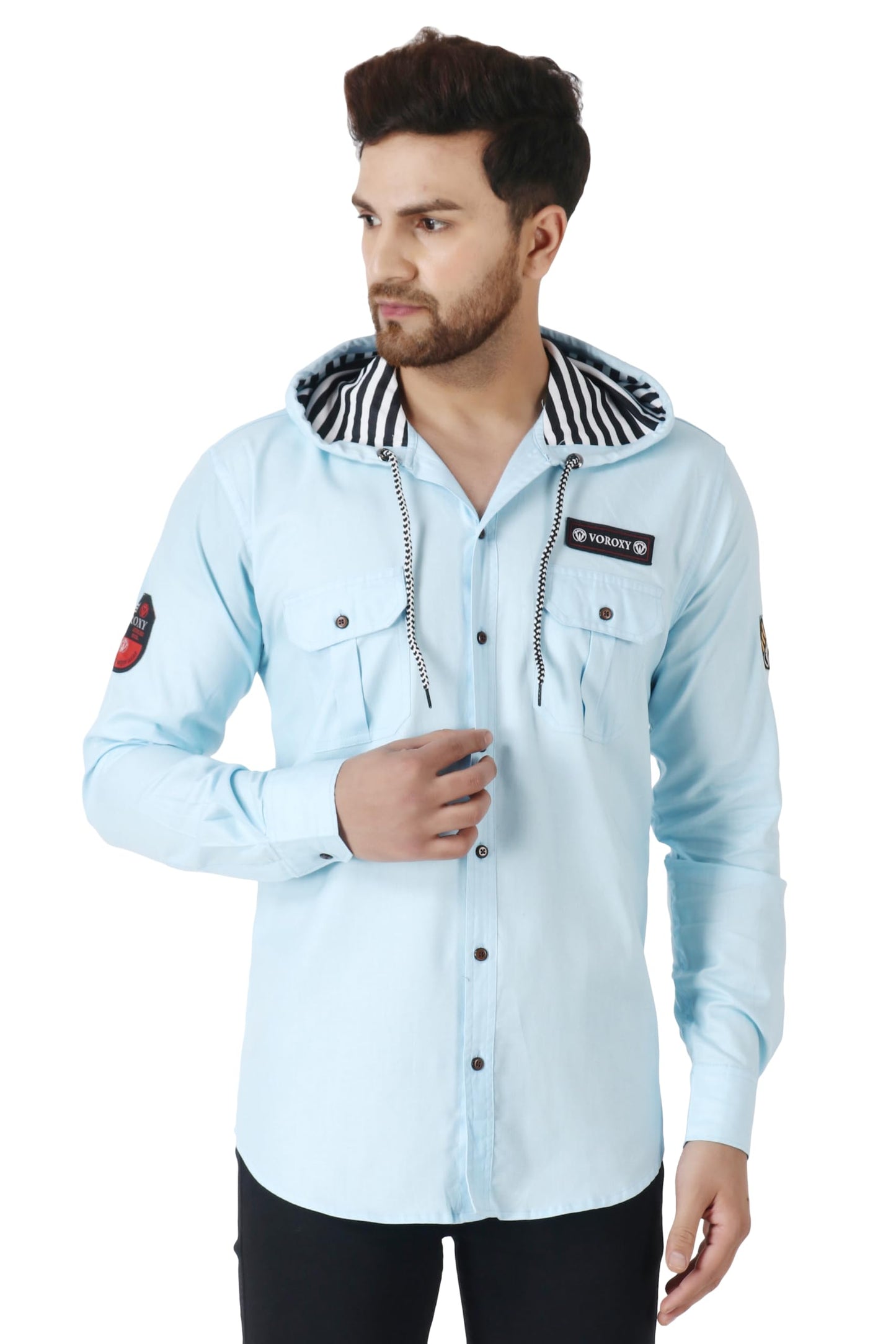 Besix MenS Blue Tailored Fit Cotton Blend Shirt For Man With Hoodie - Casual Long Sleeve Shirt With Pockets - Patch Detail For