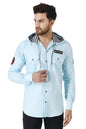 Besix MenS Blue Tailored Fit Cotton Blend Shirt For Man With Hoodie - Casual Long Sleeve Shirt With Pockets - Patch Detail For