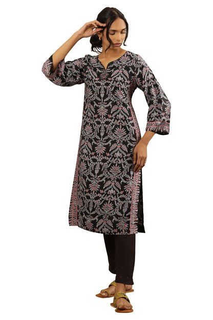 Folksong by W Women Black Festive Floral Print Viscose Straight Kurta