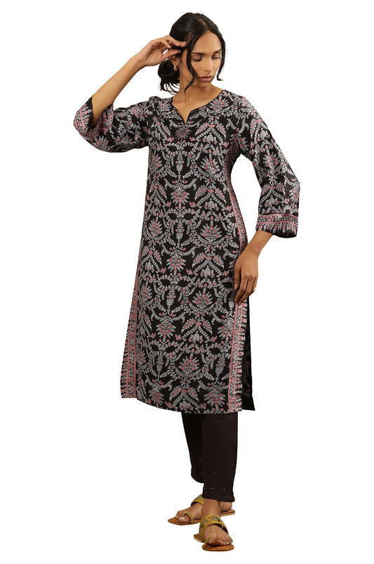 Folksong by W Women Black Festive Floral Print Viscose Straight Kurta