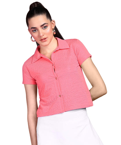 POPWINGS Women Casual Pink Rimjhim Solid Shirt