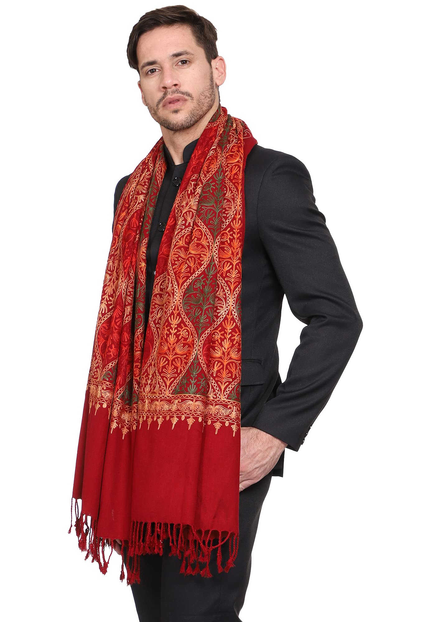 Weavers Villa Mens Matka Embroided Cashmilon Gents Shawls, Stoles, Muffler for Men, 70cm x 200cm
