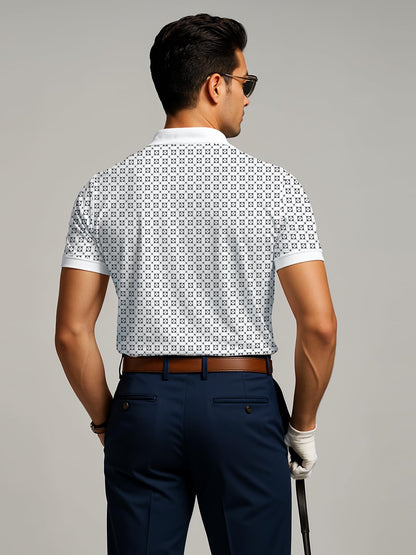 Mens Cotton Printed Polo Tshirt | 220 GSM Interlock Fabric | Slim Fit | Skin-Friendly Ink | White Golf-Inspired Pattern T Shirt
