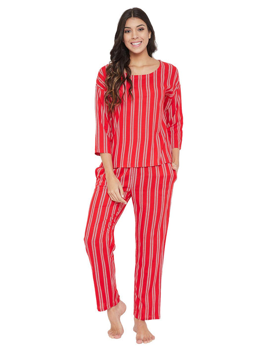 Clovia Womens Cotton Sassy Stripes Top & Pyjama Set (LS0566P04_Red_XXL)