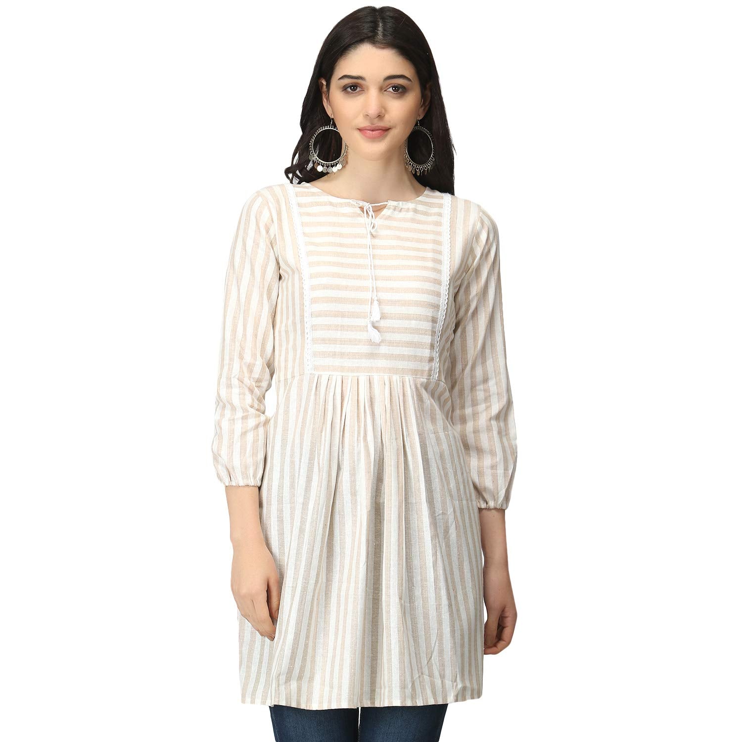 OM SAI LATEST CREATION Slub Rayon Fully Stitched Anarkali Foil Print Kurti for Women & Girls on Jeans Palazzo or Skirt (Plus Size Upto 2XL) (Off-White)