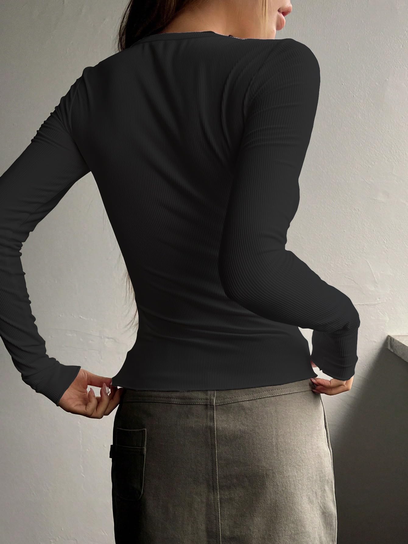 Shasmi Womens & Girls Black and Brown Long Sleeve Round Neck Solid Color Ruched Workwear Casual Top Half Button Down Henley T-