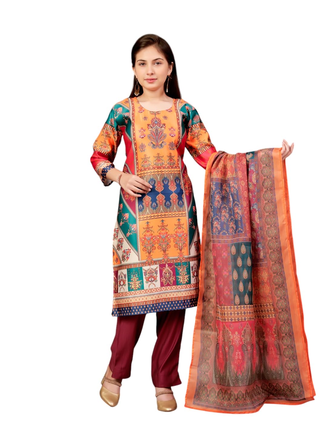 Aarika Girls Ethnic Wear Green-Wine Colour Abstract Embalished Satin Kurti Pant Set-8-15 Years (Kp-Tr-K-1059)