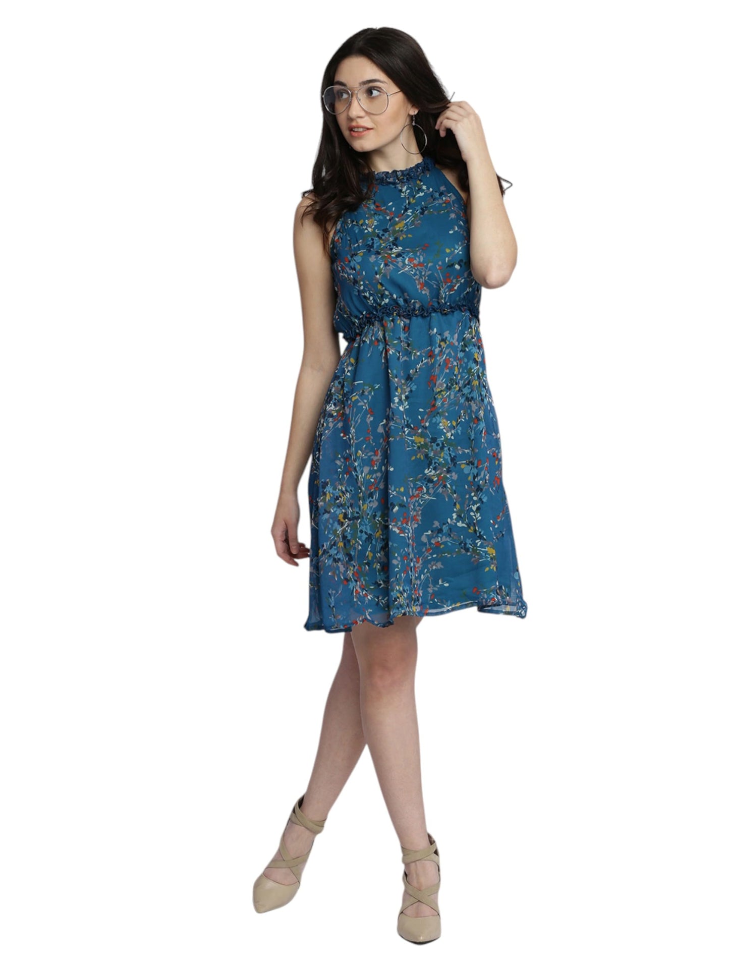 Miss Chase Womens Round Neck Sleeveless Floral Ruffled Gathered Knee-Long Skater Dress (MCSS25D93-24-176-06, Multicolored Base 