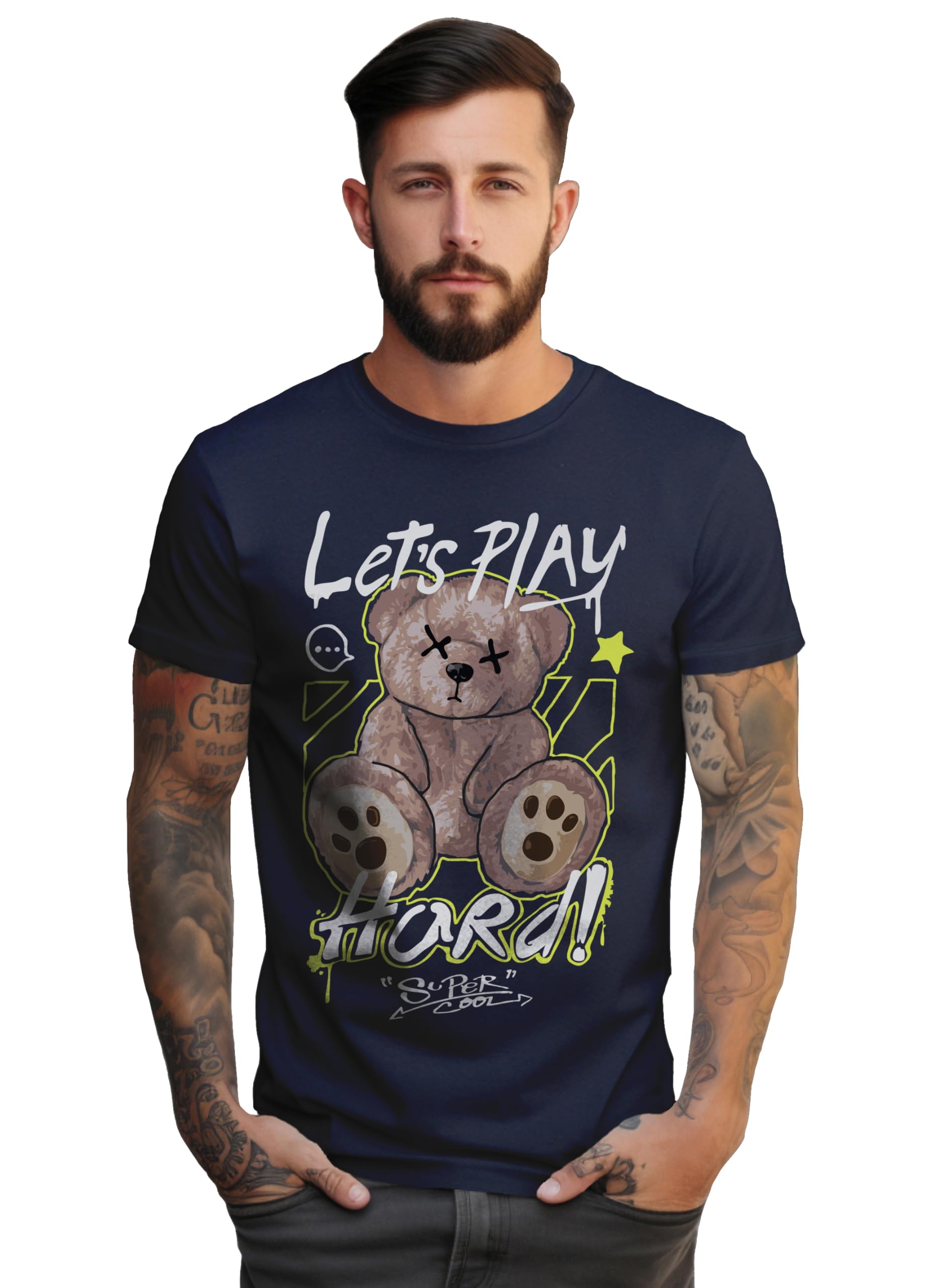 Peppyzone Mens Regular Fit T-Shirt (PZ-RT-Teddy0610_Navy Blue4