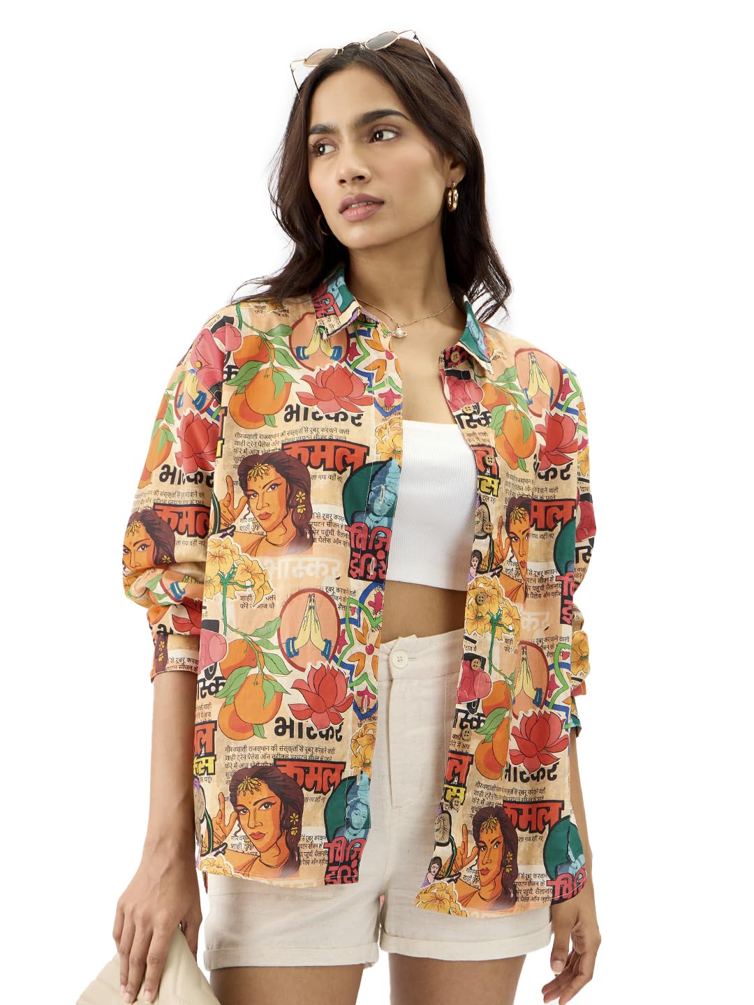The Souled Store Indian Retro Women and Girls Long Sleeve Collared Neck Button Down Multicolor All Over Printed Boyfriend Shirts