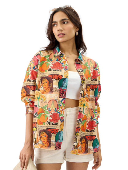 The Souled Store Indian Retro Women and Girls Long Sleeve Collared Neck Button Down Multicolor All Over Printed Boyfriend Shirts