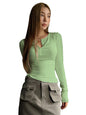 Shasmi Womens & Girls Light Green Long Sleeve Round Neck Solid Color Ruched Workwear Casual Top Half Button Down Henley T-Shir