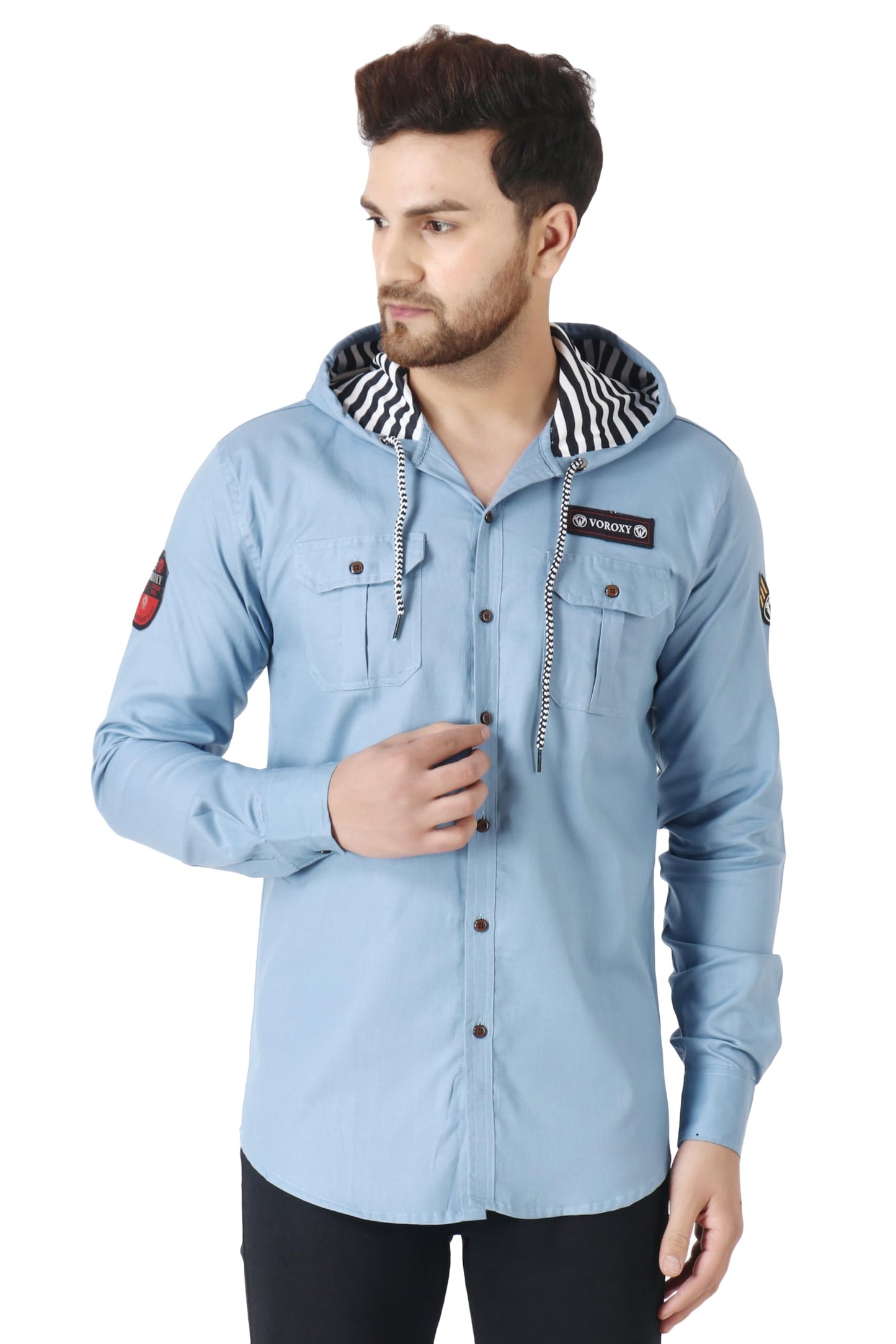 Besix MenS Grey Tailored Fit Cotton Blend Shirt For Man With Hoodie - Casual Long Sleeve Shirt With Pockets - Patch Detail For