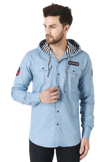 Besix MenS Grey Tailored Fit Cotton Blend Shirt For Man With Hoodie - Casual Long Sleeve Shirt With Pockets - Patch Detail For