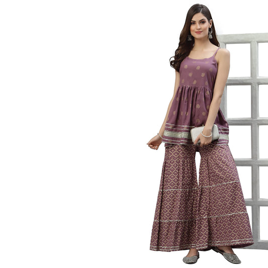Stylum Women's Gold Printed Rayon Short Kurti and Sharara set (Mauve)