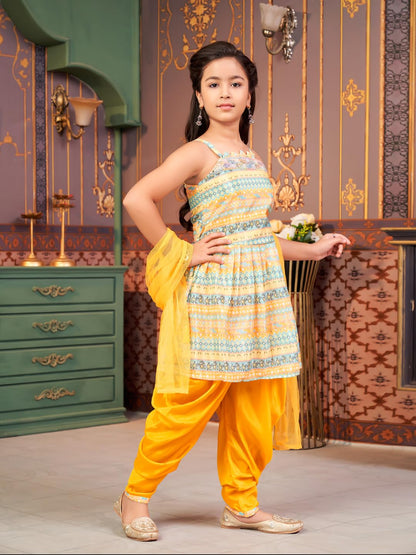 Aarika Girls Ethnic Wear Yellow Colour Floral Print Silk Kurti Patiala Set (4-13 Years)
