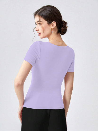 Shasmi Womens & Girls Purple Womens Summer Square Neck Solid Color Ruched Tee Workwear Pleated Casual t-Shirt for Women (Top