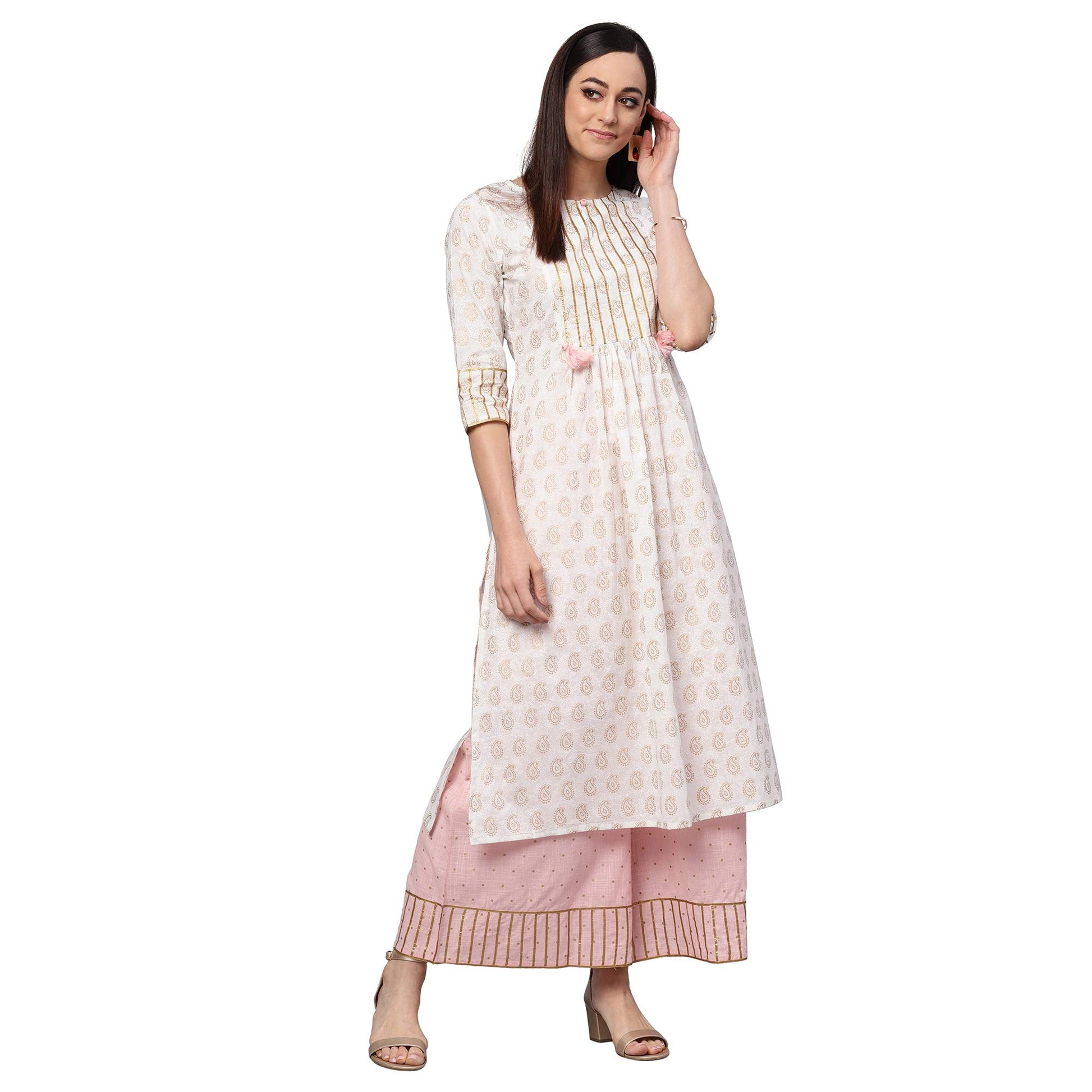idaLia Women's Baby Pink and White Gold Printed Kurta Set with Palazzo Pant