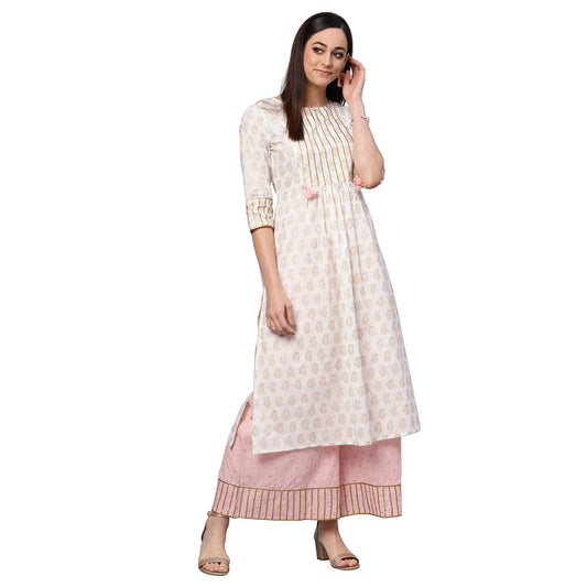 idaLia Women's Baby Pink and White Gold Printed Kurta Set with Palazzo Pant