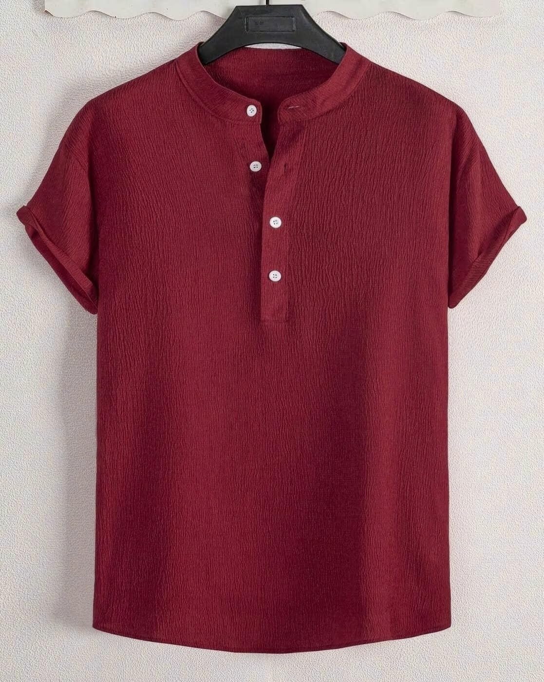 Trillmixa MenS Polyester Shirt With Mandarin Collar Neck Line Half Sleeves Solid Pattern Relaxed Fit And Standard Length Maroon