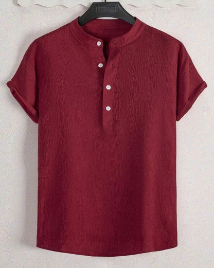 Trillmixa MenS Polyester Shirt With Mandarin Collar Neck Line Half Sleeves Solid Pattern Relaxed Fit And Standard Length Maroon