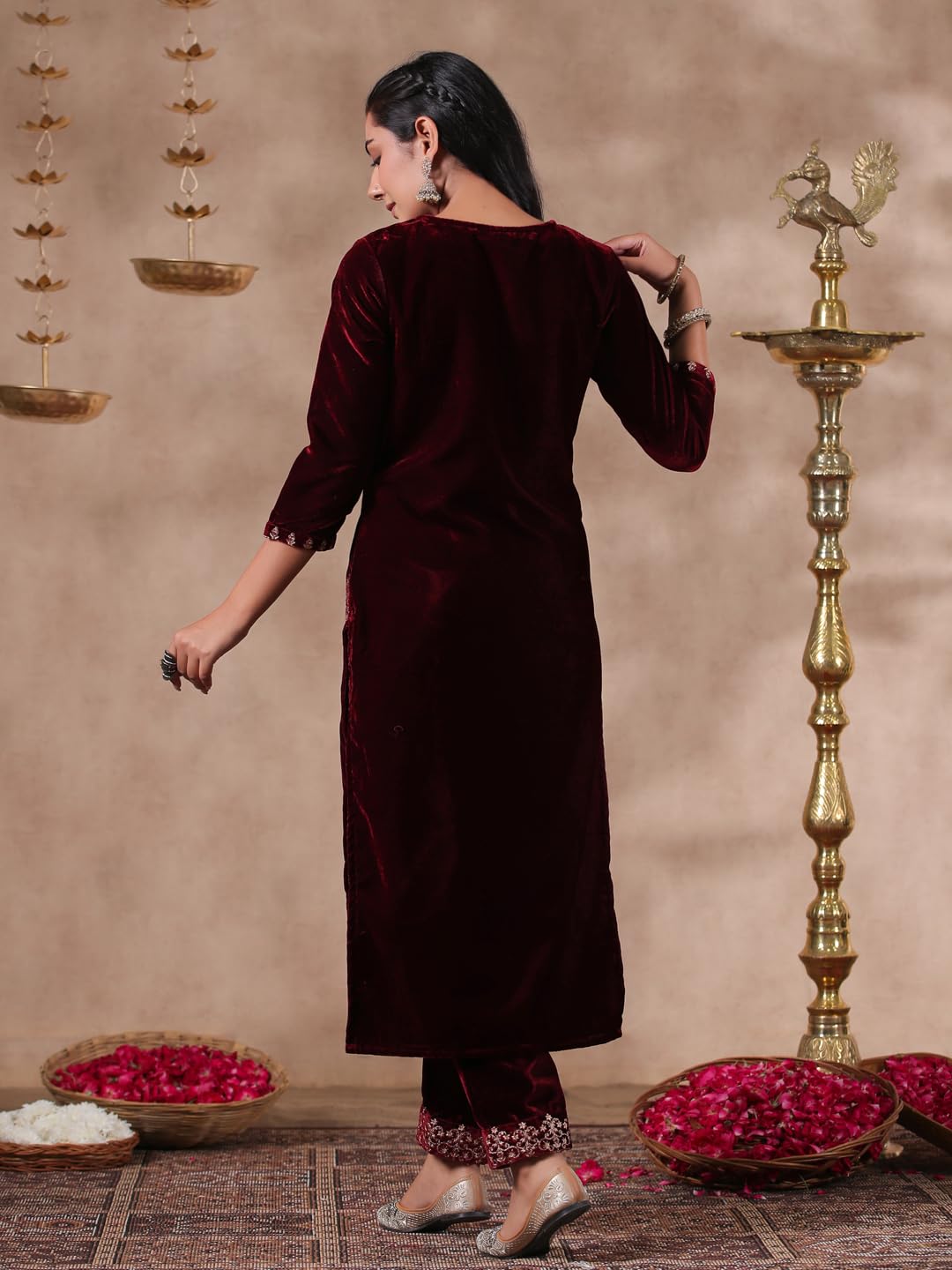Ishin WomenS Velvet Ethnic Motifs Zari Maroon Straight Kurta Suit Set With Trousers & Dupatta