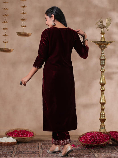 Ishin WomenS Velvet Ethnic Motifs Zari Maroon Straight Kurta Suit Set With Trousers & Dupatta