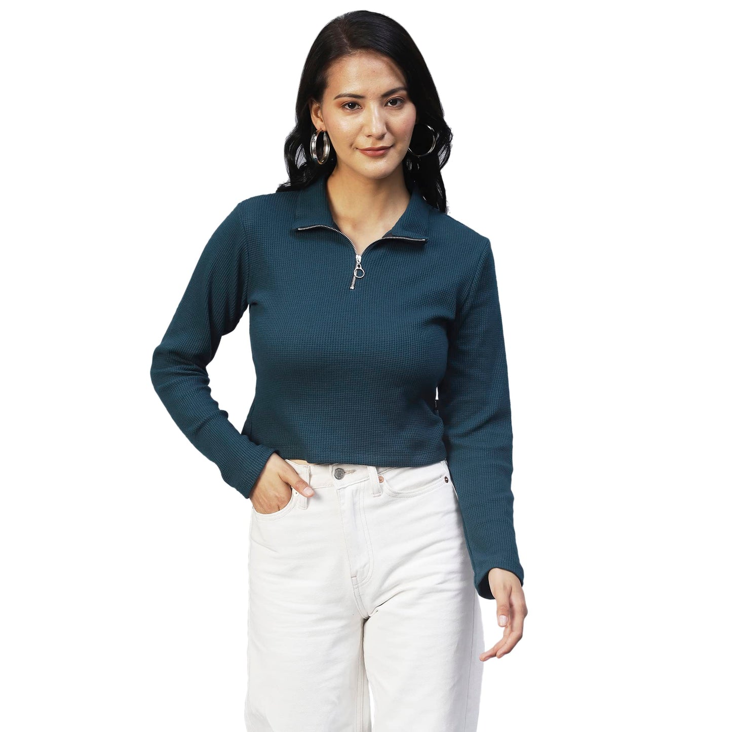 Rigo Women Teal High Collar Half ZipperTop