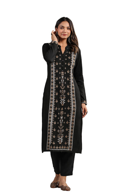 ishin Womens Black Jacquard Style Ethnic Motifs Straight Winterwear Kurta
