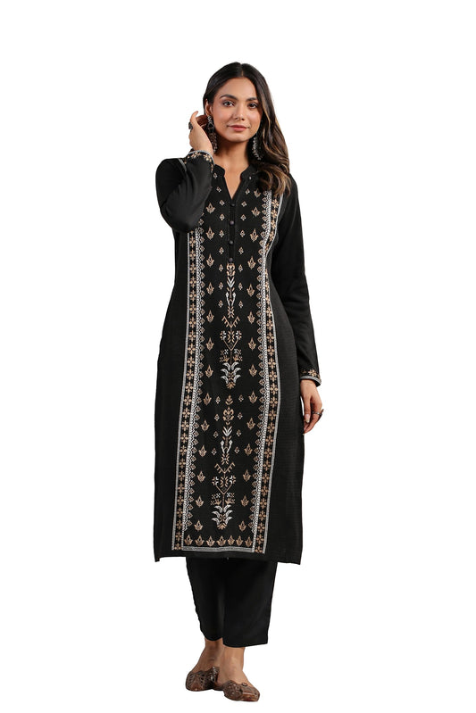 ishin Womens Black Jacquard Style Ethnic Motifs Straight Winterwear Kurta