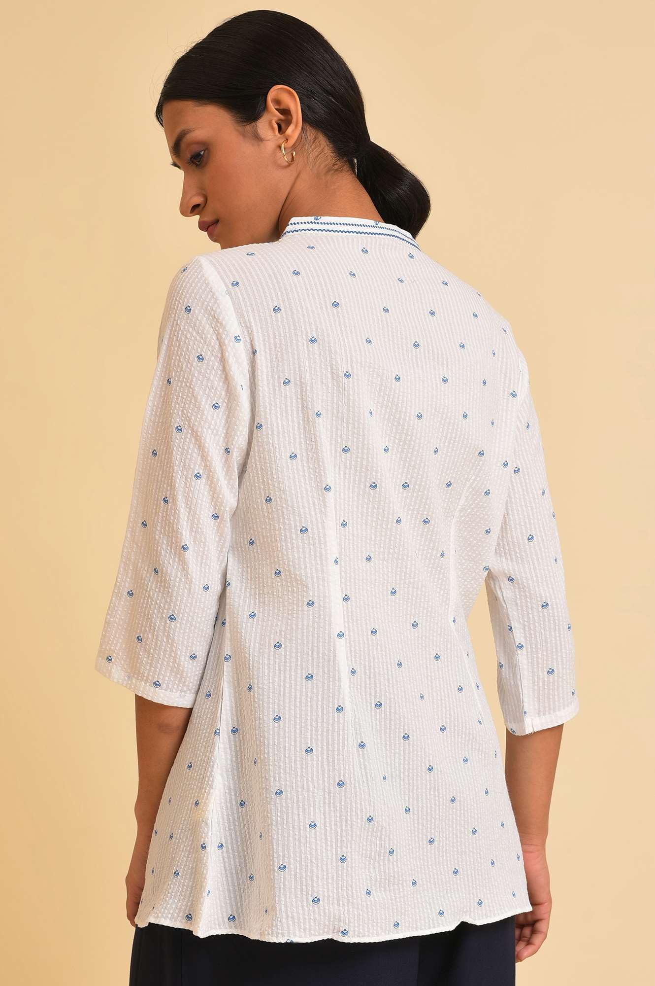 W Ecru Textured Cotton Tunic Top For Women