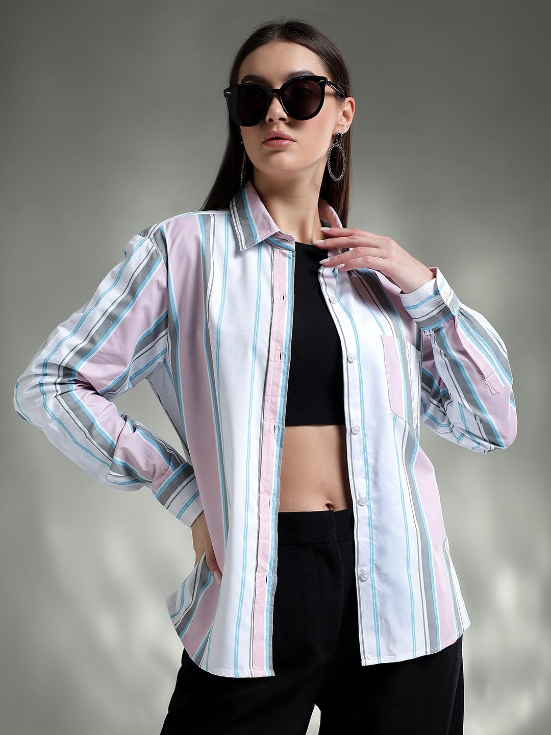 Kotty WomenS Striped Looking Spread Collar Shirts(Multicolor,L)