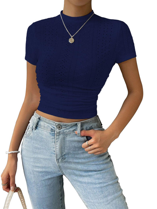 Sugathari Girls & Womens Navy Blue Casual Semitransparent Cropped High-Neck Lace Trim Ladies T-Shirt, Short Sleeve Schiffli Cr