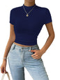 Sugathari Girls & Womens Navy Blue Casual Semitransparent Cropped High-Neck Lace Trim Ladies T-Shirt, Short Sleeve Schiffli Cr