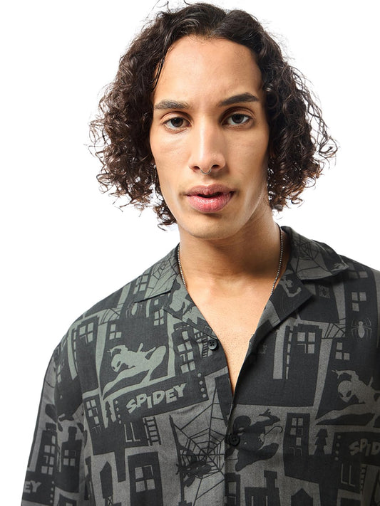 Bewakoof Official Marvel Merchandise Spiderman MenS All Over Printed Oversized Fit Half Sleeve Resort Collar Rayon Shirt_624358_