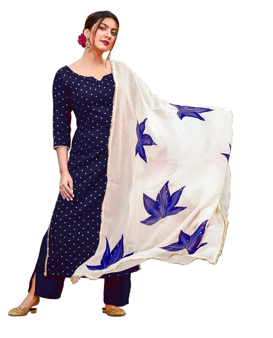 Gosriki WomenS Cotton Blend Handpainted Printed Kurta With Palazzo & Dupatta (Rayon Blue-Jan02-Gs_Xxl_Blue_Xx-Large)